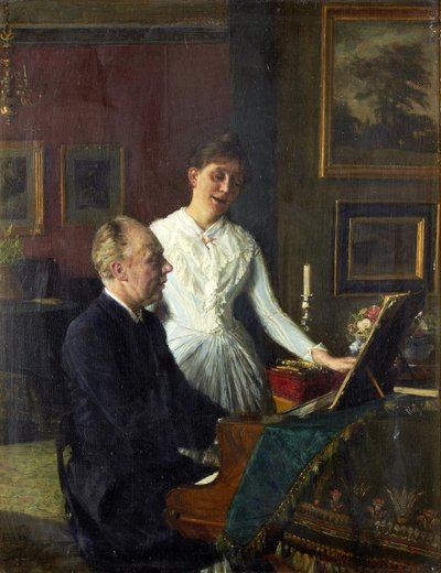 O ator Peter Jerndorff e a sua mulher Amalie ao piano de August Jerndorff