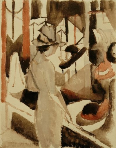 Mulher na frente da loja de chapéus de August Macke