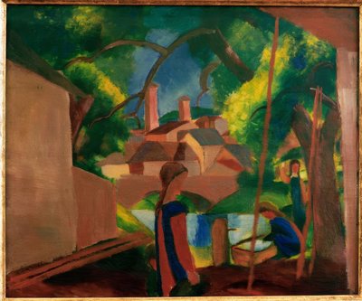 Crianças na fonte com cidade ao fundo de August Macke
