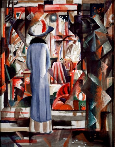 Grande vitrine iluminada Uma mulher com um casaco comprido e um chapéu olha para uma vitrine. Pintura de August Macke (1887-1914) 1912 Dim. 105x85 cm Hanôver, Museu Sprengel de August Macke