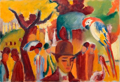 O pequeno jardim zoológico em castanho e amarelo. Pintura por August Macke (1887-1914), óleo sobre tela de August Macke