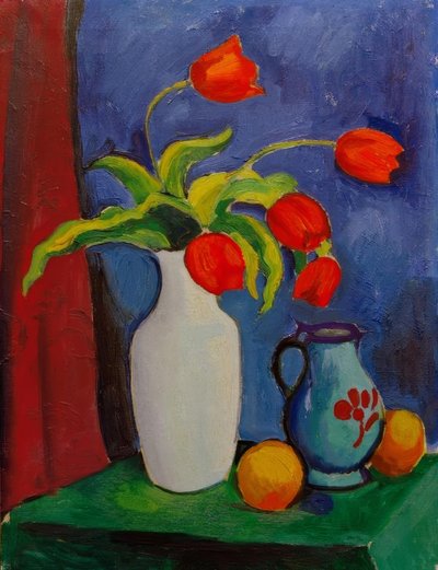 Tulipas vermelhas em vaso branco de August Macke
