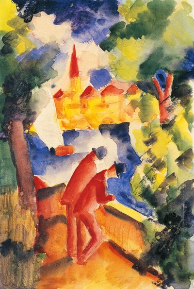 Dois homens armados com vista para um lago 1914 (aguarela) de August Macke