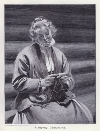 Retrato de uma mulher tricotando (gravura) de August Wilhelm Nikolaus Hagborg