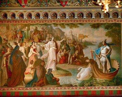 A chegada de Lohengrin a Antuérpia, da Lohengrin Saga, Salon, c.1882-83 (óleo sobre tela) (ver também 419255) de August von Heckel