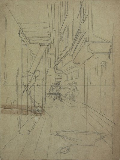 Esboço em perspectiva para "luta de rua em um beco veneziano" de August von Pettenkofen