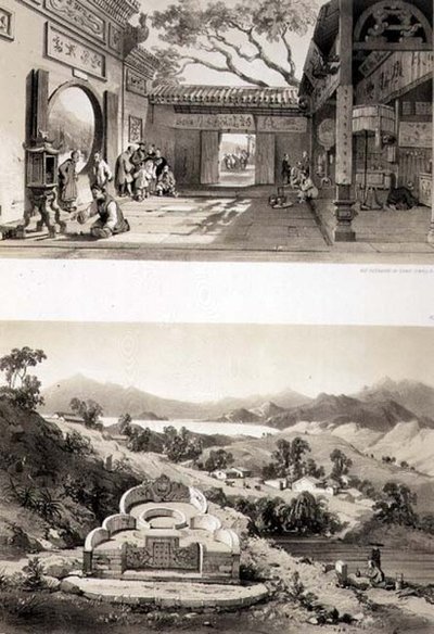 Vista Interior do Grande Templo de Macau e uma Tumba e Aldeia entre as Baías de Hong Kong e Cowloon, placas 8 e 7 de "Sketches of China", gravadas por Eugene Ciceri (1813-90) 1842 (litografia colorida) de Auguste (after) Borget