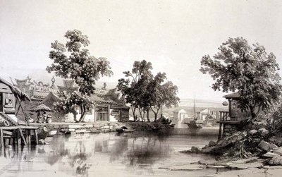 O Templo e Canal de Honan, placa 29 de "Sketches of China", gravado por Eugene Ciceri (1813-90) 1842 (litografia colorida) de Auguste (after) Borget