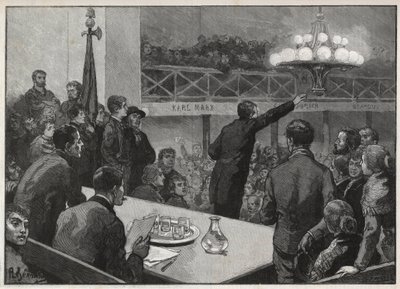 Encontro para a greve no Vooruit em 1885 - gravura em 1885 "Le monde illustrious" - desenho de Gerardin de Auguste (after) Gerardin
