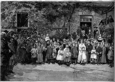 Victor Hugo (1802-1885) com as crianças pobres de Veules en Caux (Veules-en-Caux), a quem ofereceu um banquete em 24 de Setembro de 1882. Gravura de Gerardin em "Le Monde Illustré" n°1333 de 14 de Outubro de 1882. de Auguste (after) Gerardin
