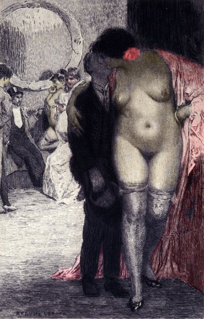 Interior de um bordel francês (bordel). Um cliente com uma prostituta. Ilustração de Auguste Leroux (1871-1954) de Auguste (after) Leroux