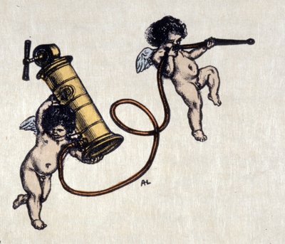 As alegrias do clystere. Dois anjos com uma bomba para clister. Ilustração de Auguste Leroux (1871-1954) de Auguste (after) Leroux