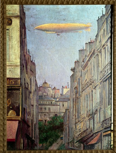 The airship republic" over Paris in 1909" Pintura de Auguste Alexandre Hirsch (1833-1912) 1909 Colecção privada de Auguste Alexandre Hirsch