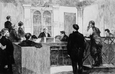 Salão do Tribunal de Polícia de Bow Street, em Londres, em 1884 (gravura) de Auguste Andre Lancon