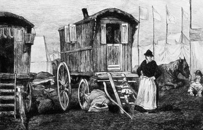 Acampamento de ciganos com a sua caravana puxada por cavalos de Auguste Andre Lancon