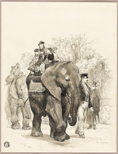 Elefante com cavaleiros no Jardin des Plantes, Paris de Auguste Andre Lancon