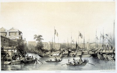 Factores europeus em Cantão - em "China e os Chineses", desenhos de Auguste Borget e litografias de Eugène Cicéri de Auguste Borget