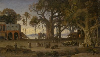 Cena de figuras e elefantes indianos à luz da lua entre as árvores de Banyan, Alta Índia (provavelmente Lucknow) de Auguste Borget
