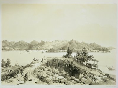 A baía e ilha de Hong Kong, placa 4 de &39;Esboços da China&39;, gravada por Eugene Ciceri (1813-90) 1842 (litografia tingida) de Auguste Borget