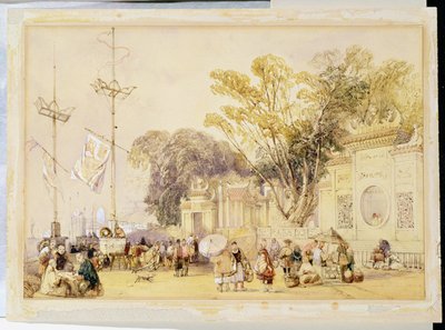 Praça da aldeia na Baía de Hong Kong, placa 5 de &39;Sketches of China&39;, gravada por Eugene Ciceri (1813-90) 1842 (litografia tingida) de Auguste Borget