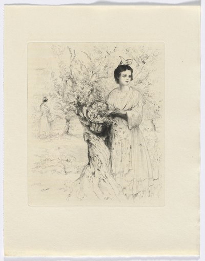 Frédéric Mistral: Mémoires et Recits de Frédéric Mistral: mulher no exterior com um cesto de flores (inserir após p. 192) de Auguste Brouet