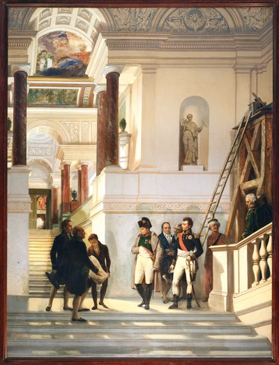 Napoleão I visita a escadaria do Louvre, acompanhado pelos arquitectos Percier e Fontaine ... de Auguste Couder