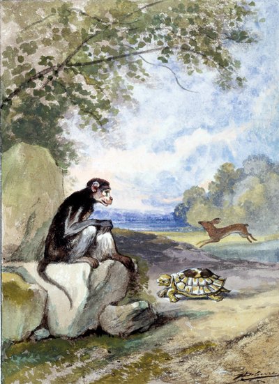 Ilustração da fábula “A lebre e a tartaruga” de Jean de La Fontaine. Aquarela de Auguste Delierre (1829-c.1890) de Auguste Delierre