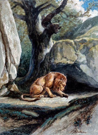 Ilustração da fábula “O leão e o rato” de Jean de La Fontaine. Aquarela de Auguste Delierre (1829-c.1890) de Auguste Delierre