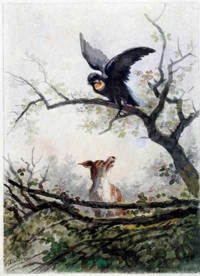 A raposa e o corvo. Ilustração da fábula de Jean de La Fontaine (1621-1695) de Auguste Delierre