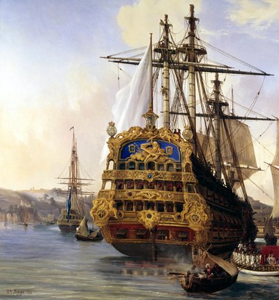 O navio "Le Foudroyant" no porto de Brest em 1724" Detalhe. pintura de Auguste Mayer (1805-1890) 1724 Brest, musee des Beaux Arts - O navio "Le Foudroyant" no porto de Brest de Auguste Etienne Francois Mayer