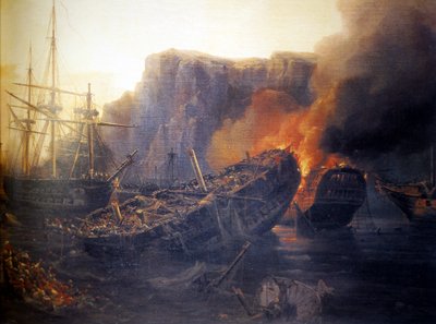 Francês:  Le soir de la bataille de Navarin, 1827 Noite da Batalha de Navarino de Auguste Etienne Francois Mayer