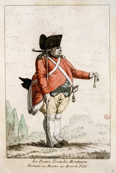 A corajosa Montanha Slice usando o seu relógio na Montanha Piety. Em "Fantasias da época da Revolução 1790-1793". As águas coloridas do Sr. Guillaumot Jr. de Auguste Etienne fils Guillaumot