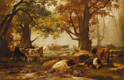 Gado em uma paisagem arborizada do rio, de Auguste Francois Bonheur