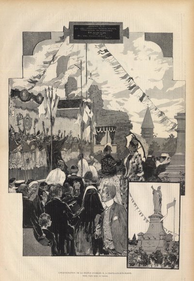 Inauguração da Estátua do Papa Urbano II em CHATILLON-SUR-MARNE a 21 de Julho de 1887. Desenho da natureza por Augusto François Marie Gorguet (1862-1927), em Paris ilustre de 1887. de Auguste Francois Gorguet