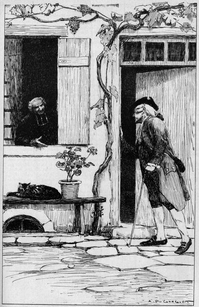 A paróquia da aldeia de Ermenonville convida o filósofo Jean Jacques Rousseau (1712-1778) a entrar no seu presbitério. Oise (60). Ilustração de Auguste François Gorguet (1862-1927) de Auguste Francois Gorguet