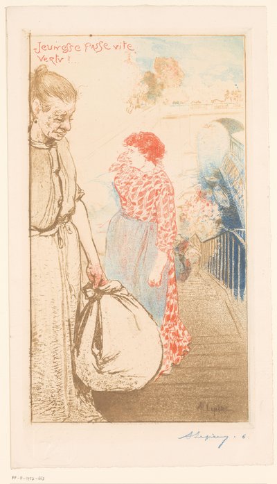 Lavadeiras em uma escada ao longo do Sena Jeunesse passe vite vertu! (título no objeto) de Auguste Lepère (signed by artist)