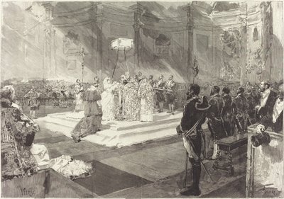 Batismo real no Tribunal de Espanha de Auguste Lepère after Daniel Vierge