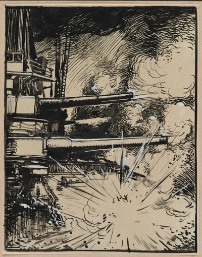 Bomba explodindo em um peitoral com armas apontadoras, 1914. de Auguste Louis Lepère