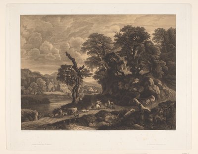 Paisagem com animais e figuras em uma estrada ao longo de um rio Figures et animaux (título no objeto) de Auguste Numans