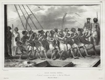 Baía de Houa-Houa, Nativos a executar uma dança a bordo do Astrolabe (Nova Zelândia), [Uawa/Tolaga Bay, Natives Performing a Haka on Board the Astrolabe (New Zealand)] de Auguste Raffet