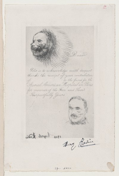 Recibo de Contribuição do Hospital Especial Americano de Paris para Ferimentos da Face e ..., 1916. de Auguste Rodin