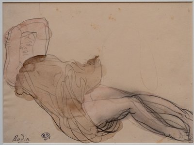 Mulher deitada, seminua e com os braços cruzados atrás da cabeça de Auguste Rodin
