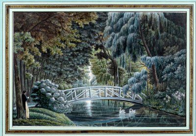Vista da ponte de madeira sobre o rio à esquerda do castelo de Malmaison Watercolour d
