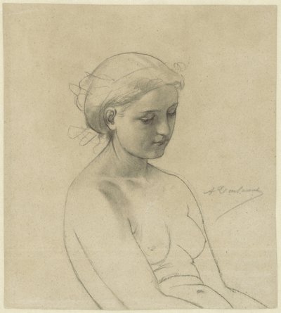 Nu feminino sentado, três quartos à direita, meio comprimento de Auguste Toulmouche