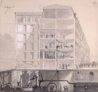 Seção transversal da moradia dos trabalhadores no XI Arrondissement de Paris, c.1875 (caneta e tinta e guache sobre papel) de Auguste Victor Deroy