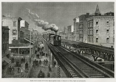 Linha dupla da Linha Aérea na Seventh Avenue, New York, New York. Edouard de Laveleye, em 1878-1879, publicado no Tour du monde, sob a direção de Edouard Charton (1807-1890) de Auguste Victor Deroy