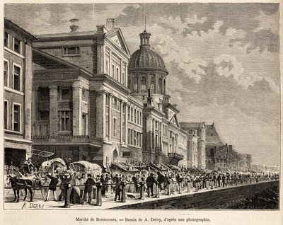 Le marche de Bonsecours, centro turístico e cultural de Montreal, gravado após um desenho de A. Deroy, ilustrando a excursão ao Canadá e a Riviere Rouge du nord, de H. De Lamotte, em 1873, publicado em "Le tour du monde" 1875, editado por Edou de Auguste Victor Deroy
