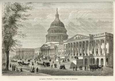O Capitólio, sede da legislatura, construído entre 1793 e 1830, em Washington (Distrito de Columbia), a capital dos Estados Unidos. Gravura depois do desenho de A. Deroy, para ilustrar a história La conquete blanche, de William Hepworth Dixon, em 1875, p de Auguste Victor Deroy