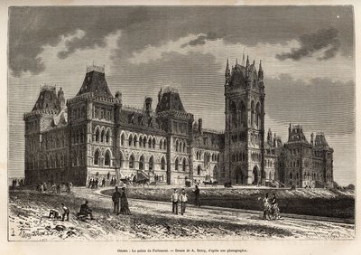 O Palácio do Parlamento em Ottawa, construído entre 1859 e 1876, gravado após um desenho de A. Deroy, ilustrando a excursão ao Canadá e ao Rio Vermelho do Norte, de H. De Lamotte em 1873, publicado em "Le tour du monde" 1875, editado por Edouard de Auguste Victor Deroy
