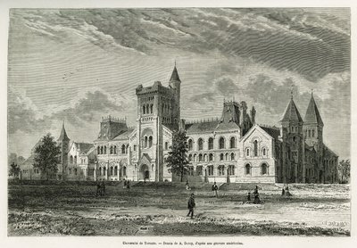 A Universidade de Toronto, desenho de A. Deroy, para ilustrar a história de uma excursão ao Canadá e ao Rio Vermelho Norte em 1873 por H. de Lamotte. Gravura em Le tour du monde de Auguste Victor Deroy